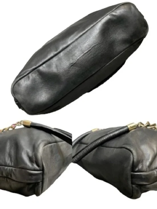 Via Veneto Vintage Black Leather Triple Compartment Tote Dual Gold Chain Handles - Picture 3 of 13